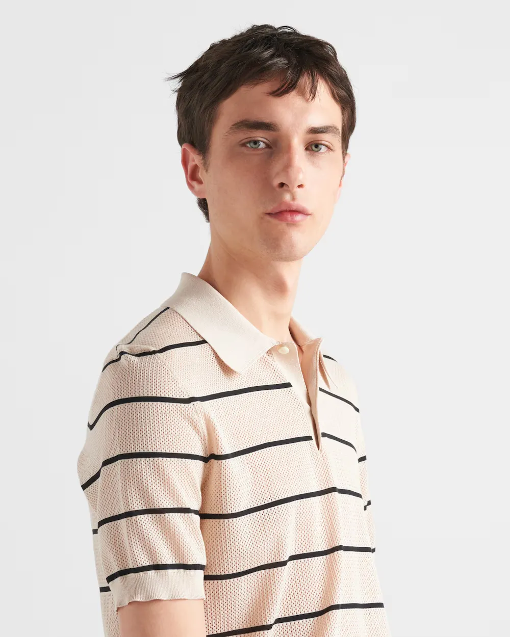Short-Sleeved Striped Open-Knit Polo Shirt