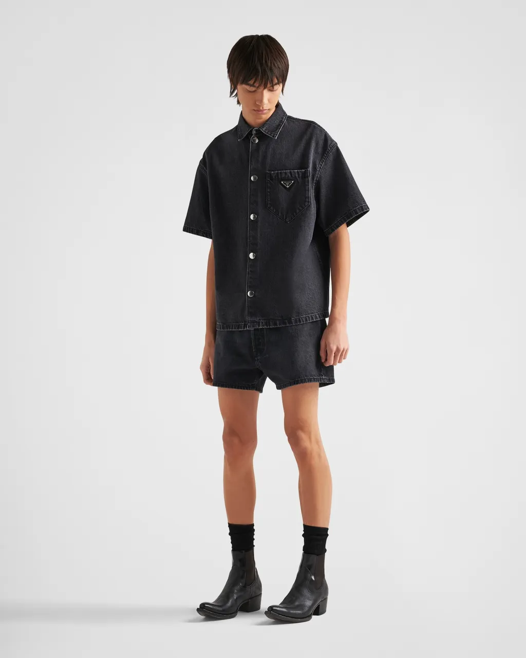 Logo Plaque Short Sleeved Denim Shirt