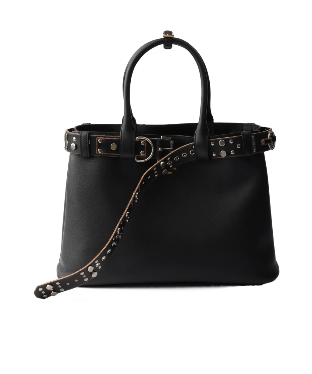 Large Buckle Leather Bag With Studded Belt