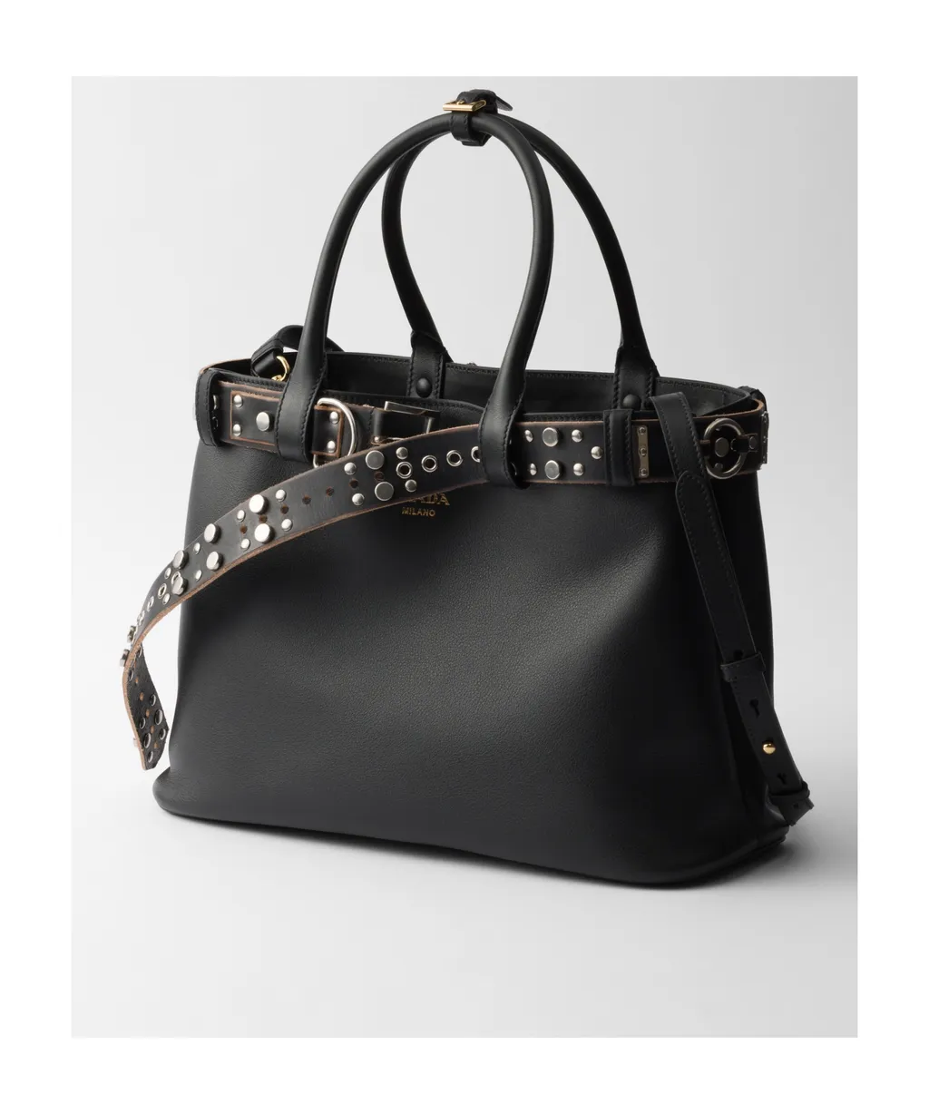 Large Buckle Leather Bag With Studded Belt