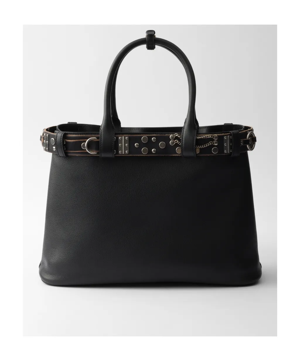 Large Buckle Leather Bag With Studded Belt