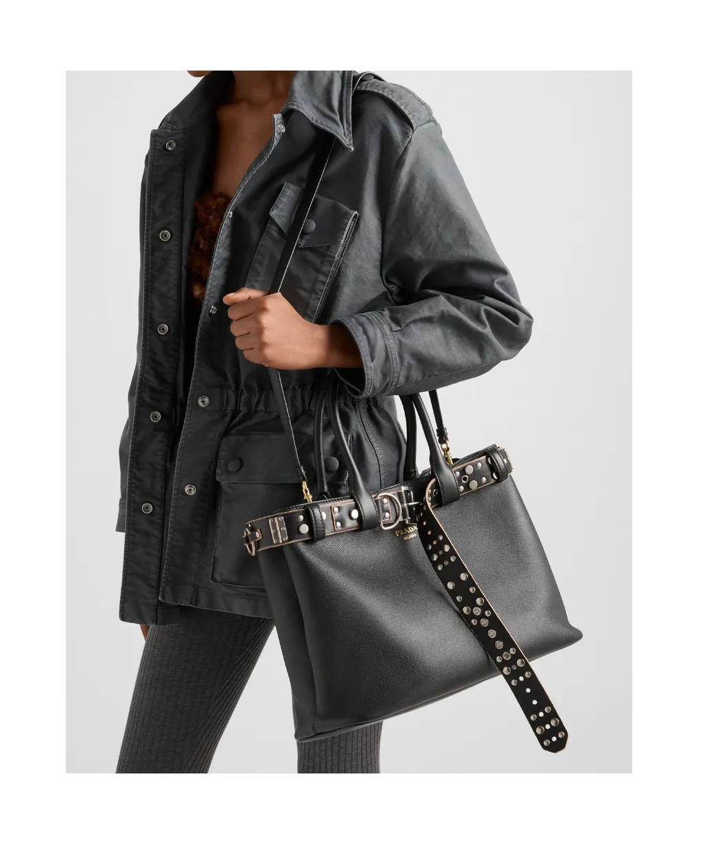 Large Buckle Leather Bag With Studded Belt