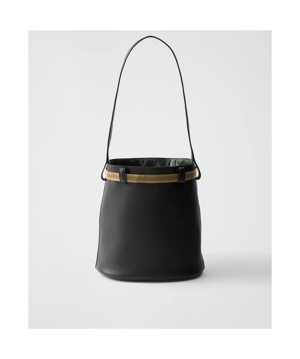 Buckle Leather Bucket Bag With Jeweled Belt