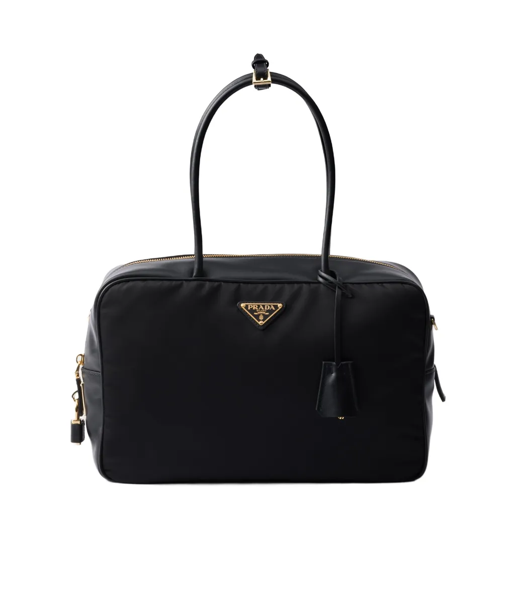 Large Re-Nylon And Leather Top-Handle Bag