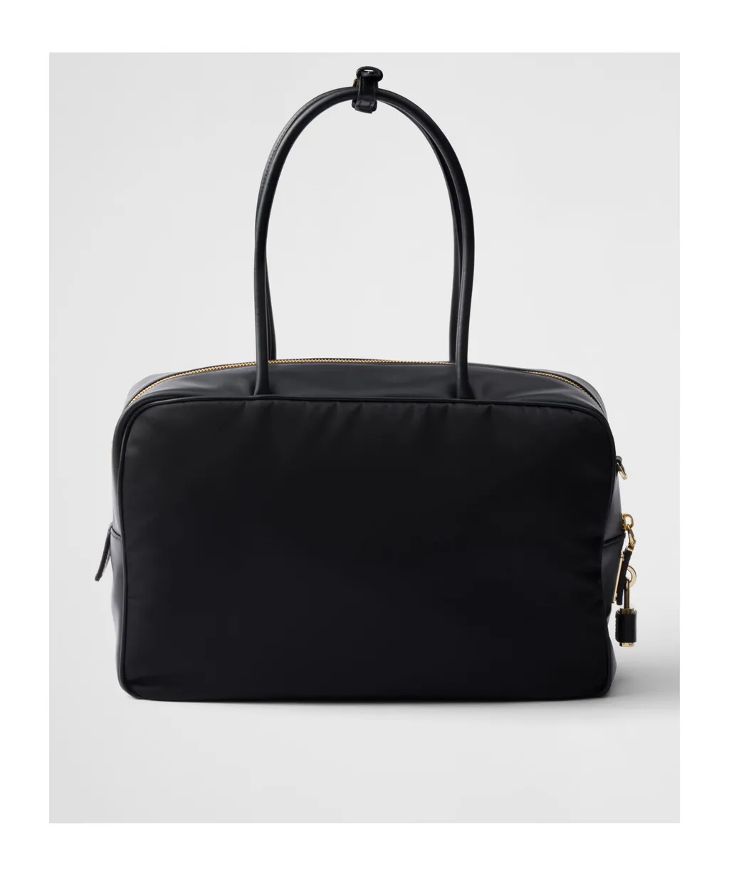 Large Re-Nylon And Leather Top-Handle Bag