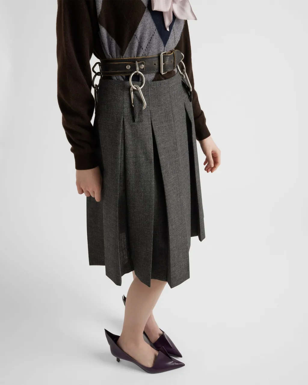Pleated Rush Stitch Skirt With Belt
