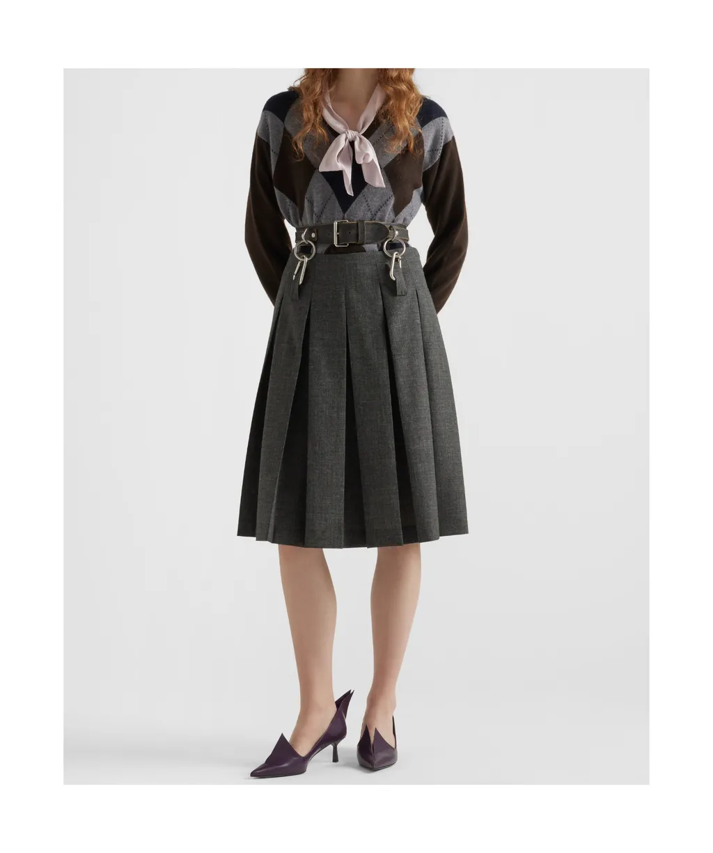 Pleated Rush Stitch Skirt With Belt