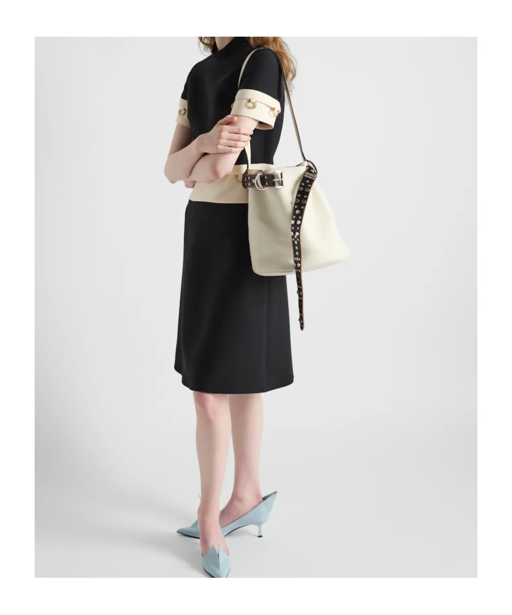Buckle Leather Bucket Bag With Studded Belt