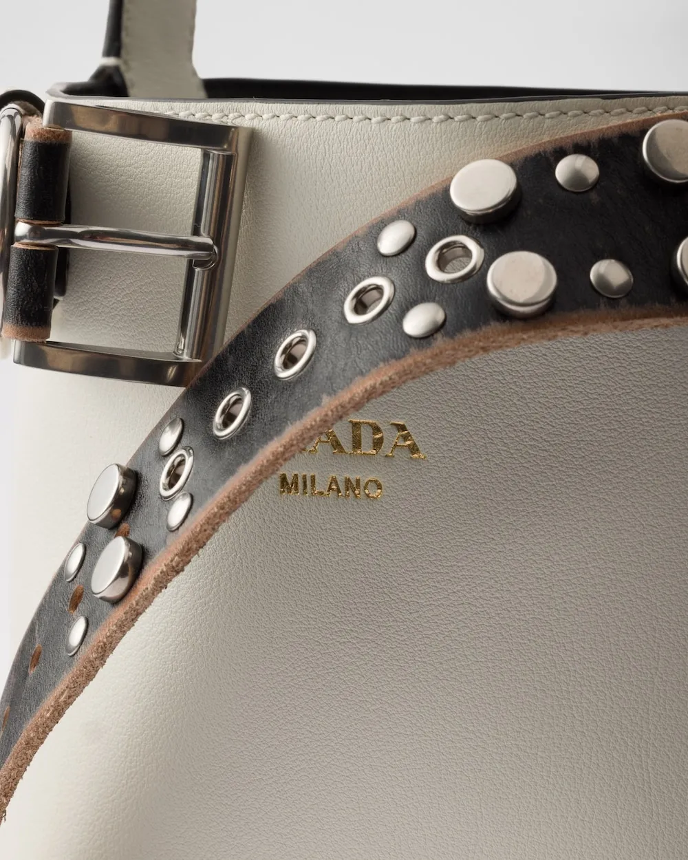 Buckle Leather Bucket Bag With Studded Belt