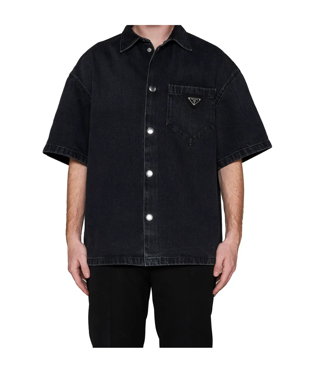 Logo Plaque Short Sleeved Denim Shirt