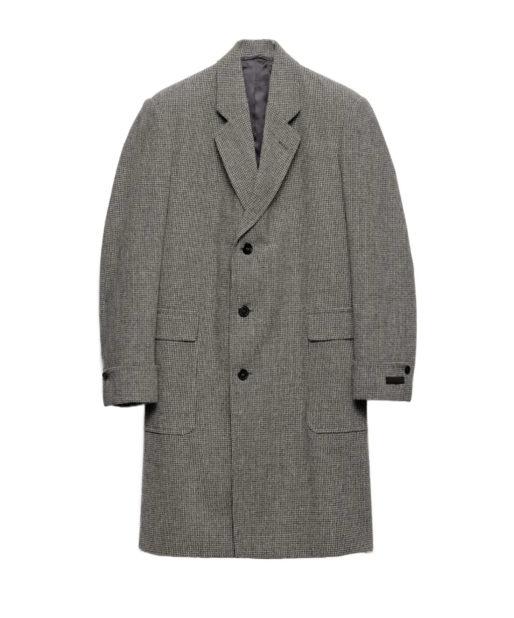 Single-Breasted Houndstooth Check Wool Coat