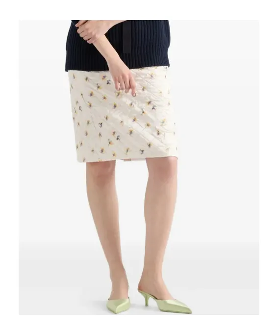 Floral-Print Quilted Satin Skirt