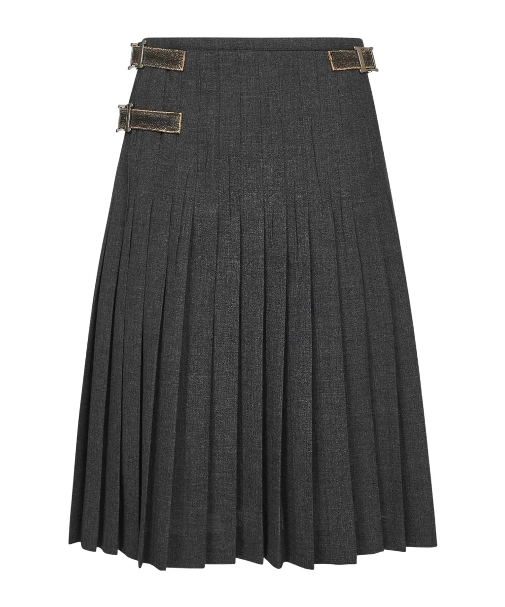 Pleated Leather-Strap Midi Skirt