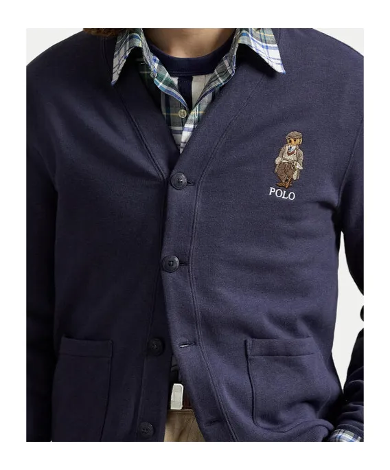 Bear-Embroidered Button Cardigan