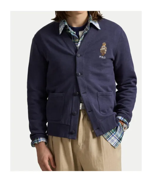 Bear-Embroidered Button Cardigan