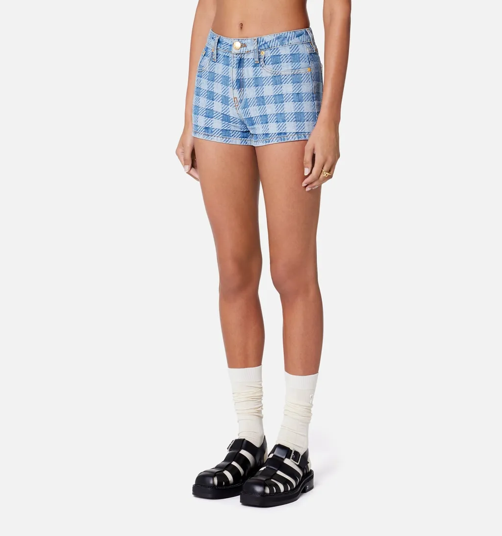 Check Patterned Denim Shorts