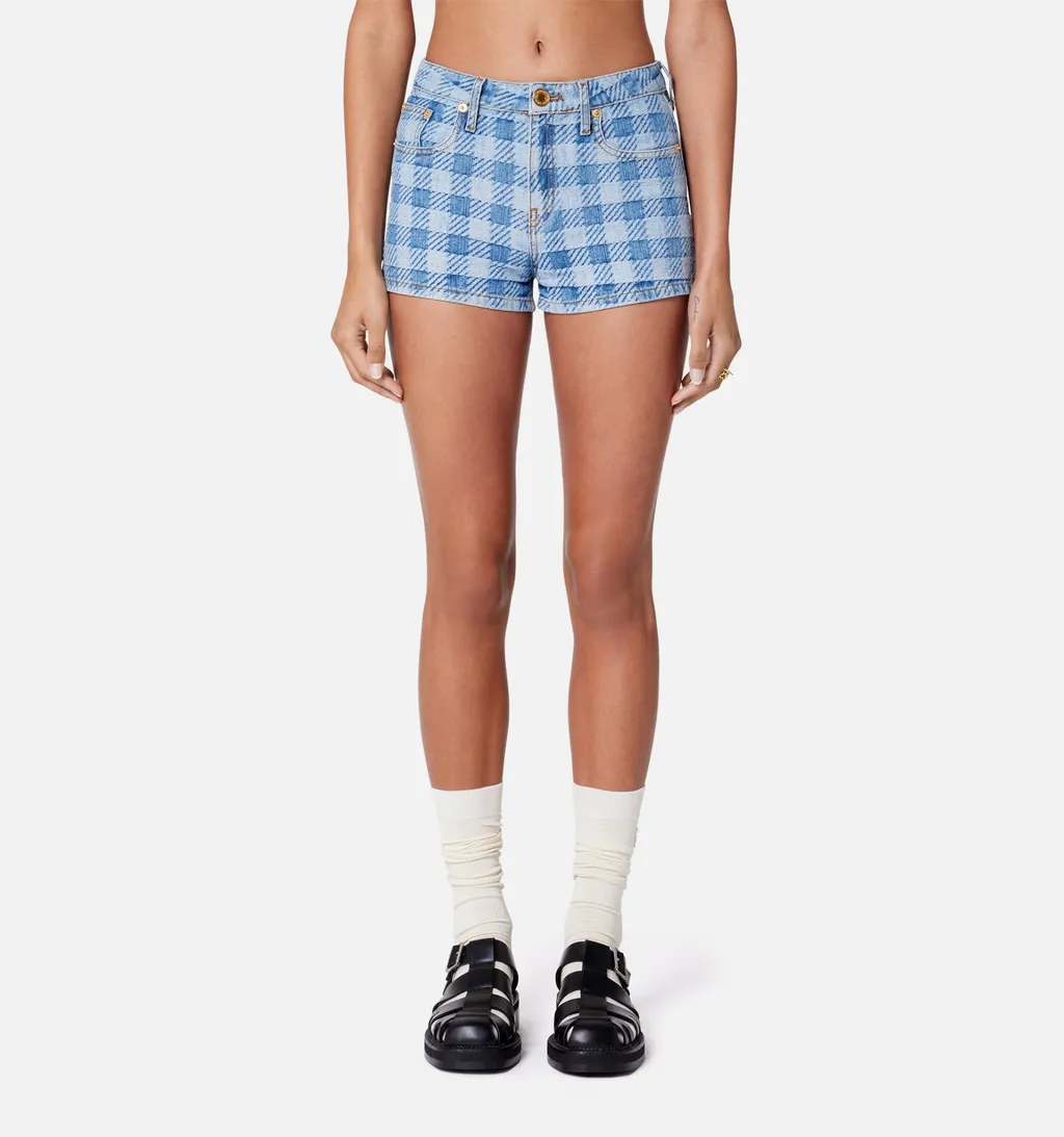 Check Patterned Denim Shorts