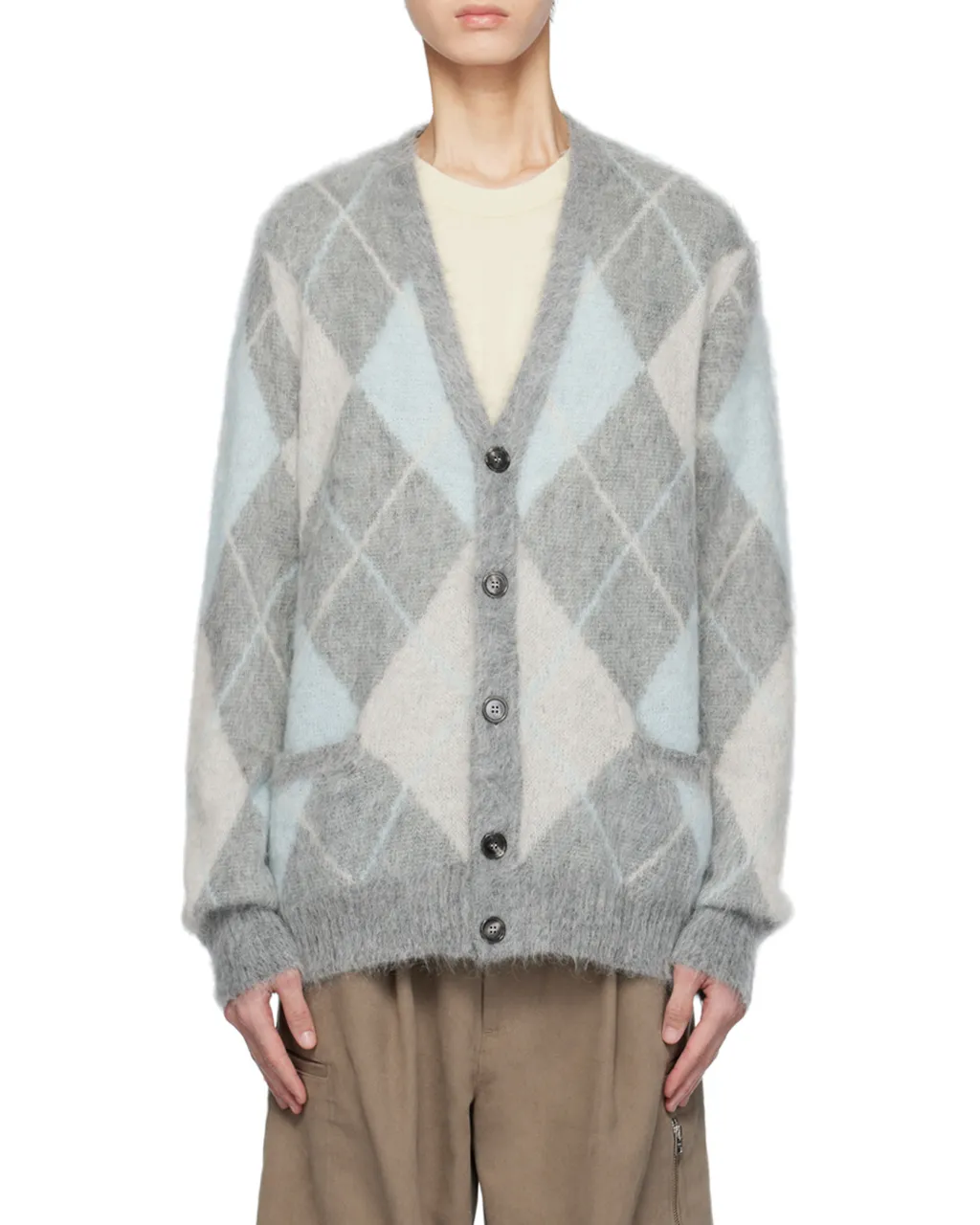Argyle Button-Up Long-Sleeved Cardigan