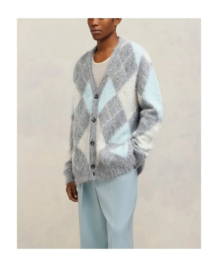 Argyle Button-Up Long-Sleeved Cardigan