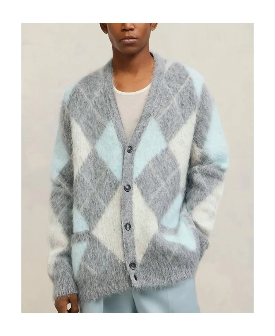 Argyle Button-Up Long-Sleeved Cardigan