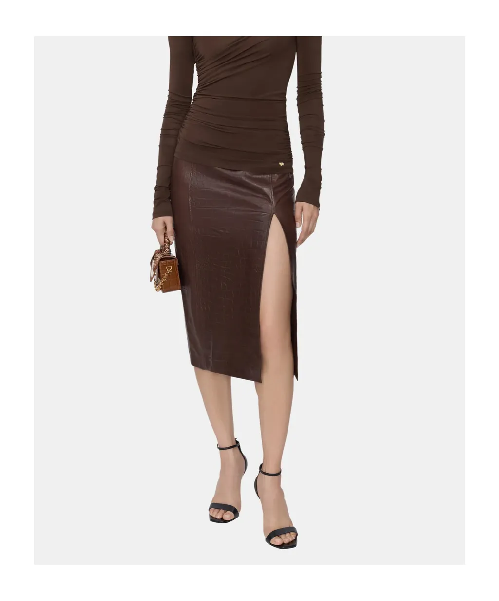 Crocodile-Effect Leather Midi Skirt