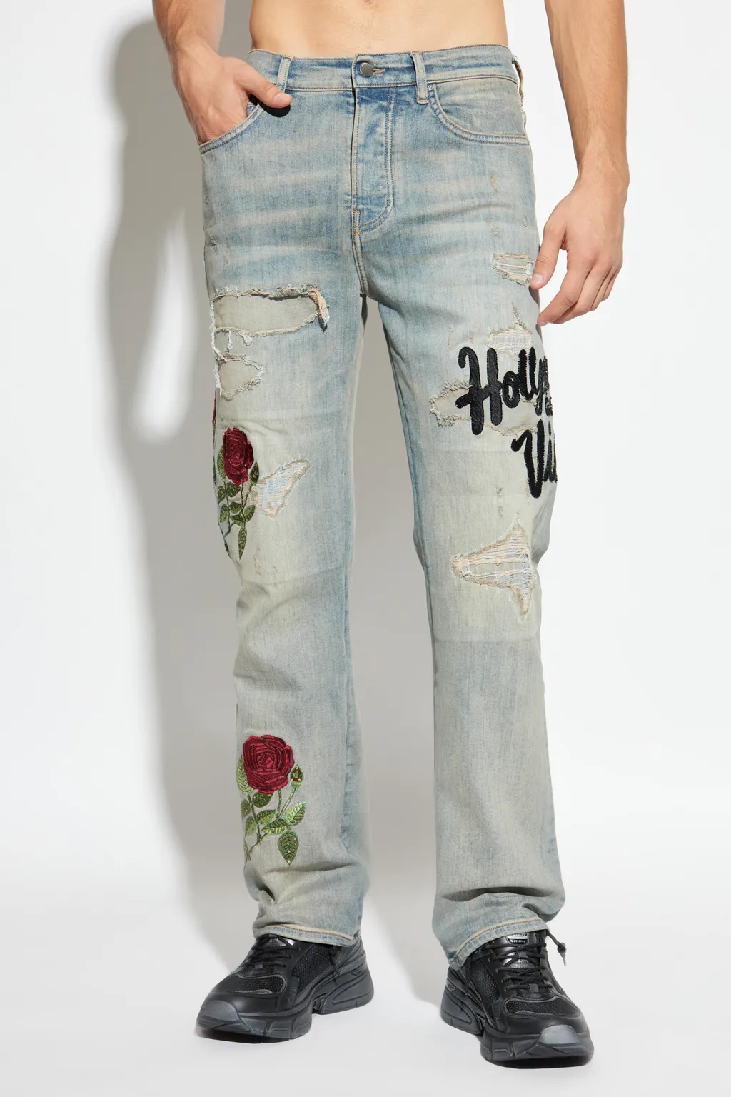 Rose-Embroidered Distressed Jeans