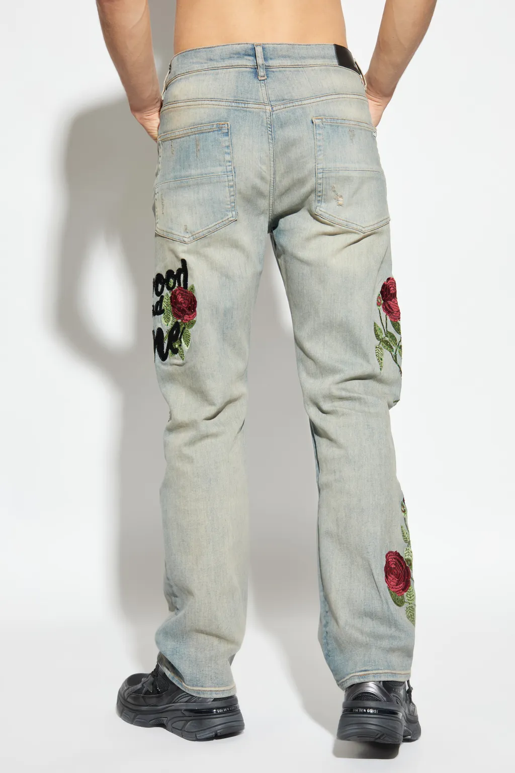 Rose-Embroidered Distressed Jeans