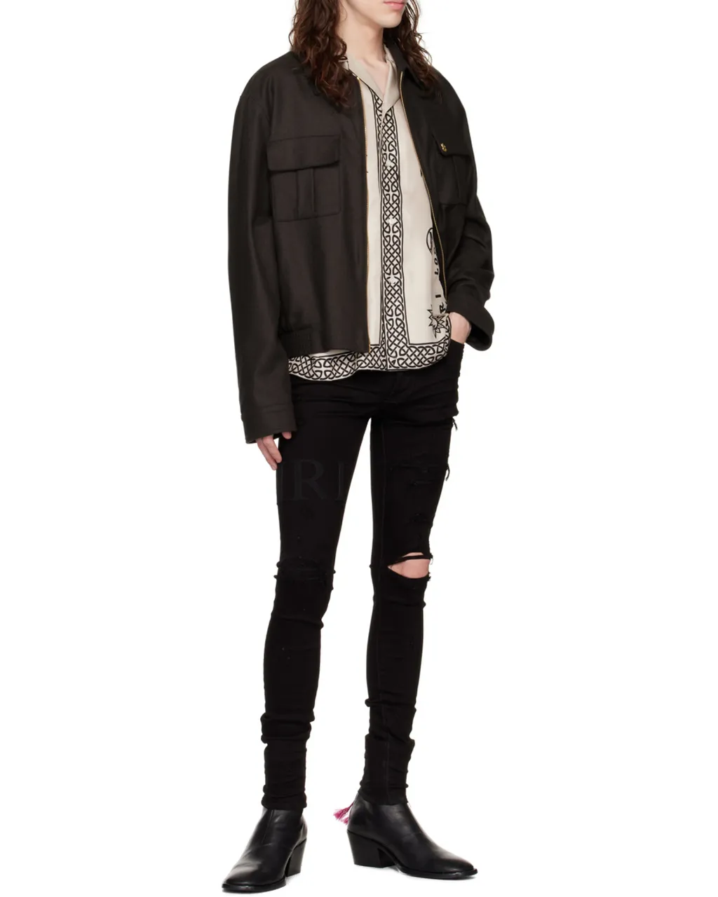 Ripped-Knee Logo-Print Skinny Jeans