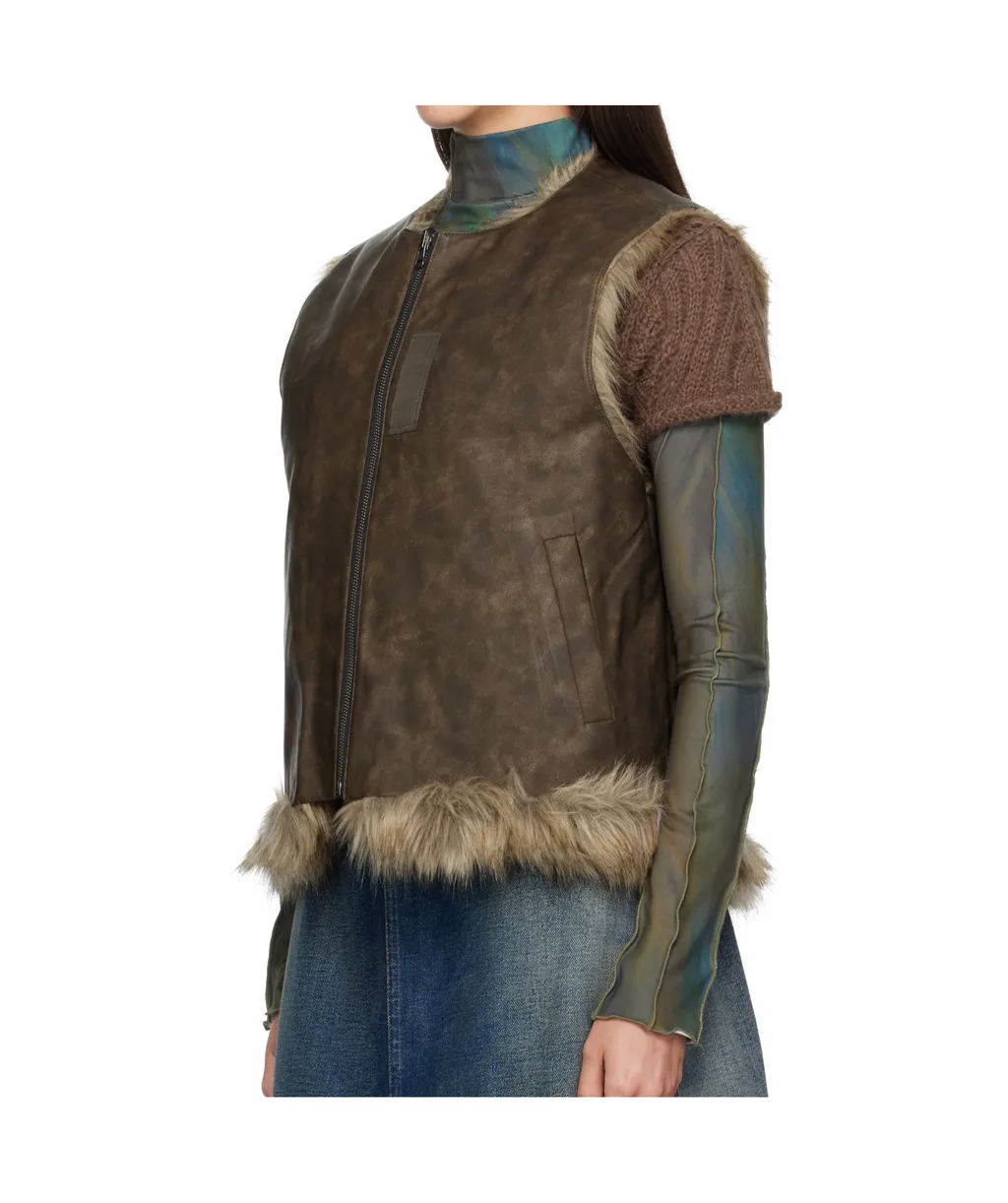 Curved Placket Reversible Faux Fur Vest