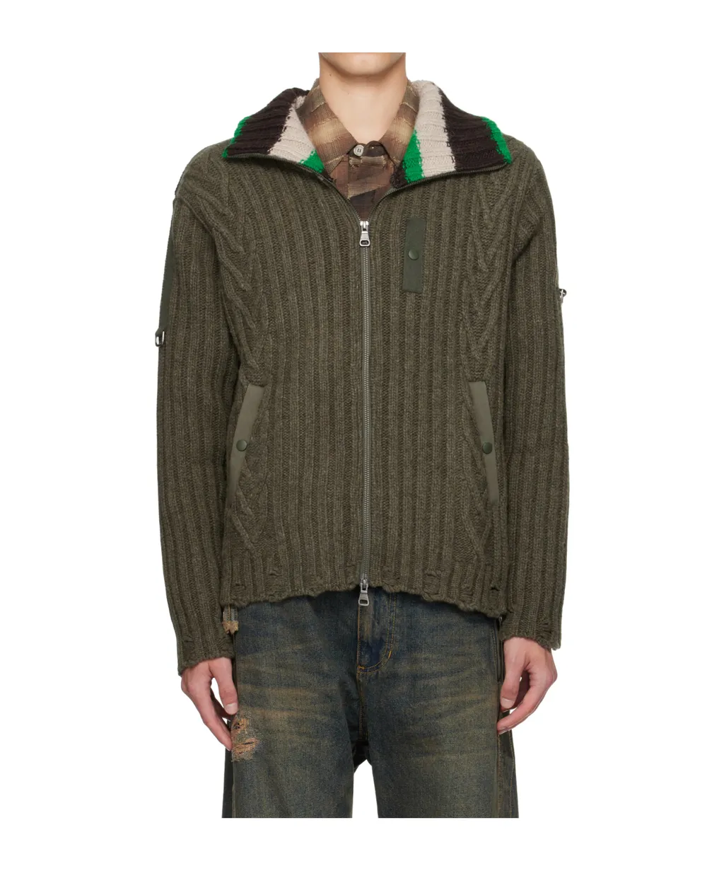 Stripe High-Neck Zip-Up Sweater