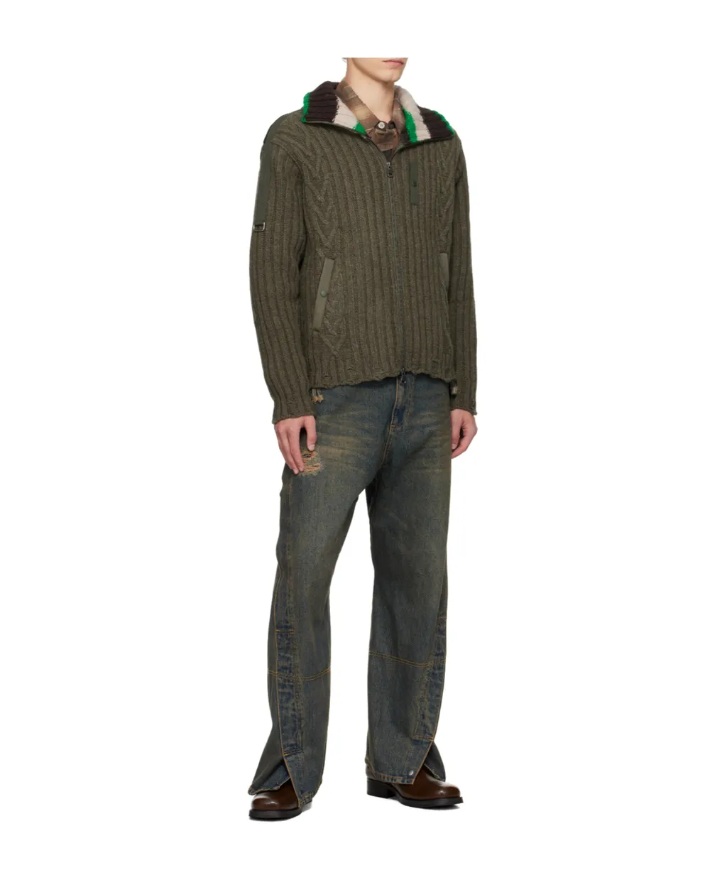 Stripe High-Neck Zip-Up Sweater