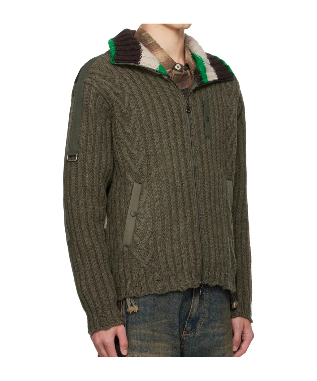 Stripe High-Neck Zip-Up Sweater