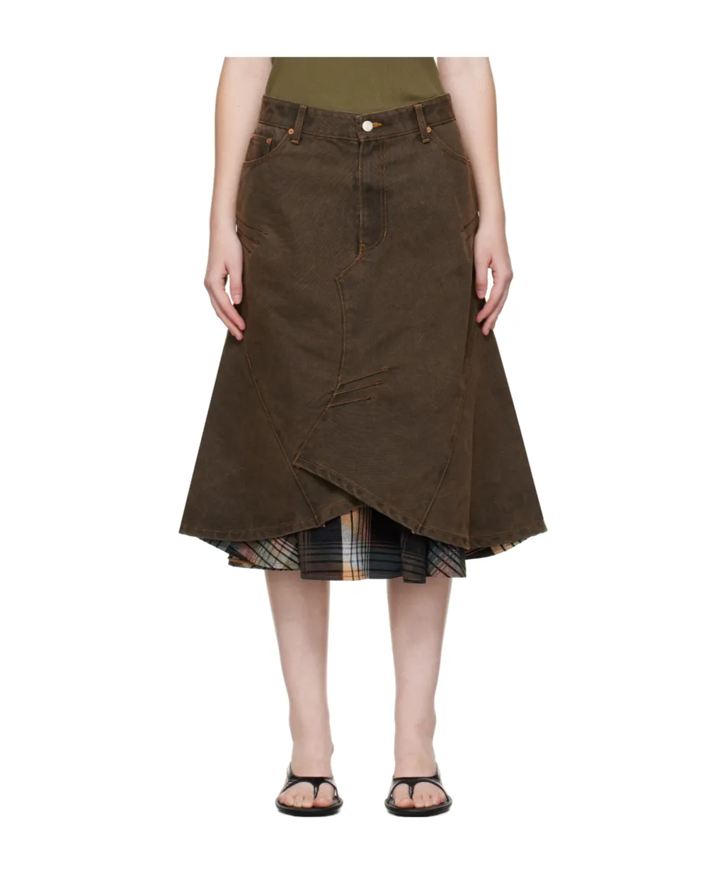 Flared Layered Denim Midi Skirt