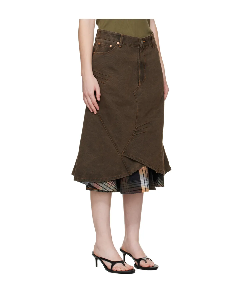 Flared Layered Denim Midi Skirt