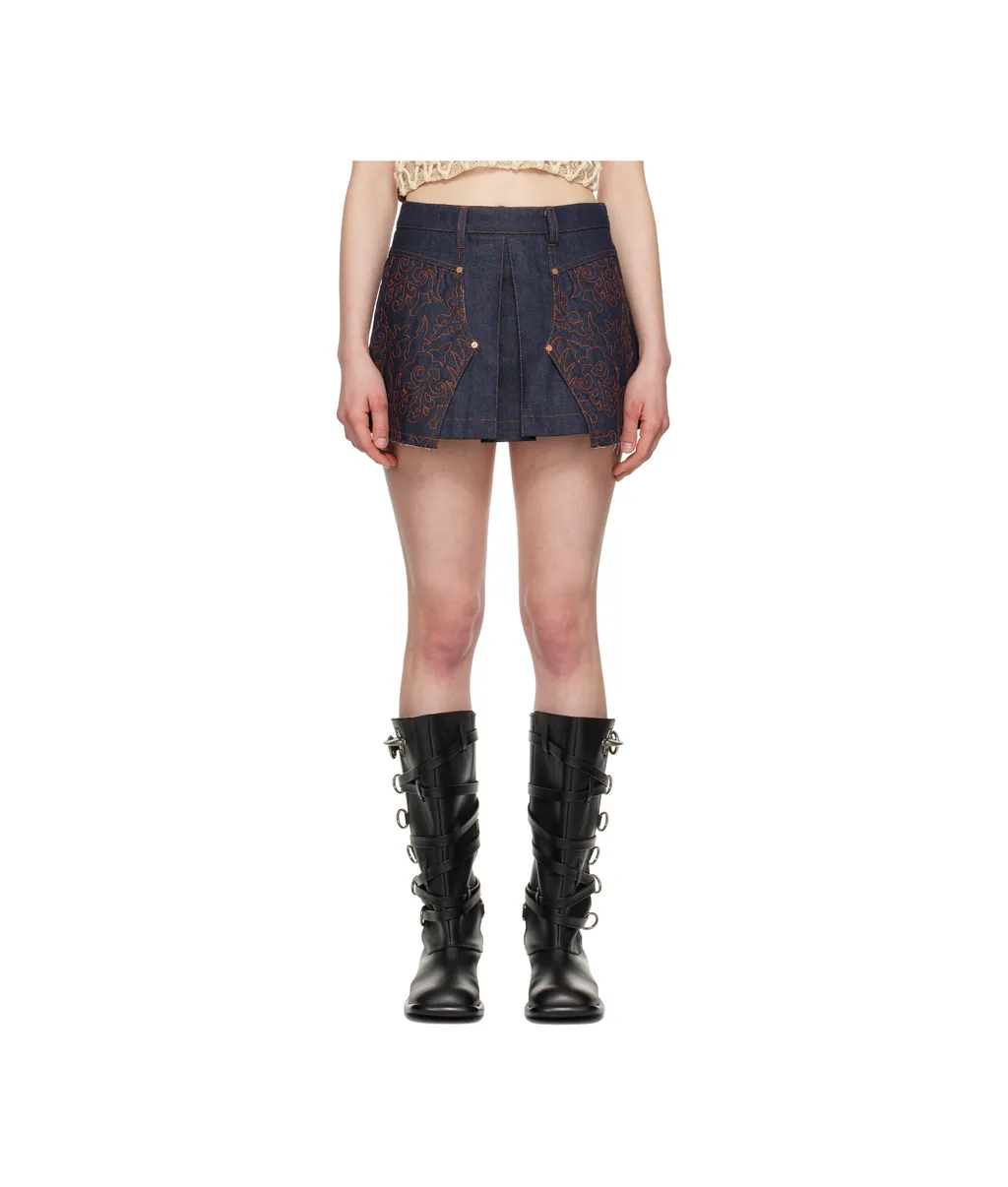 Embroidered-Panel Pleated Mini Skirt