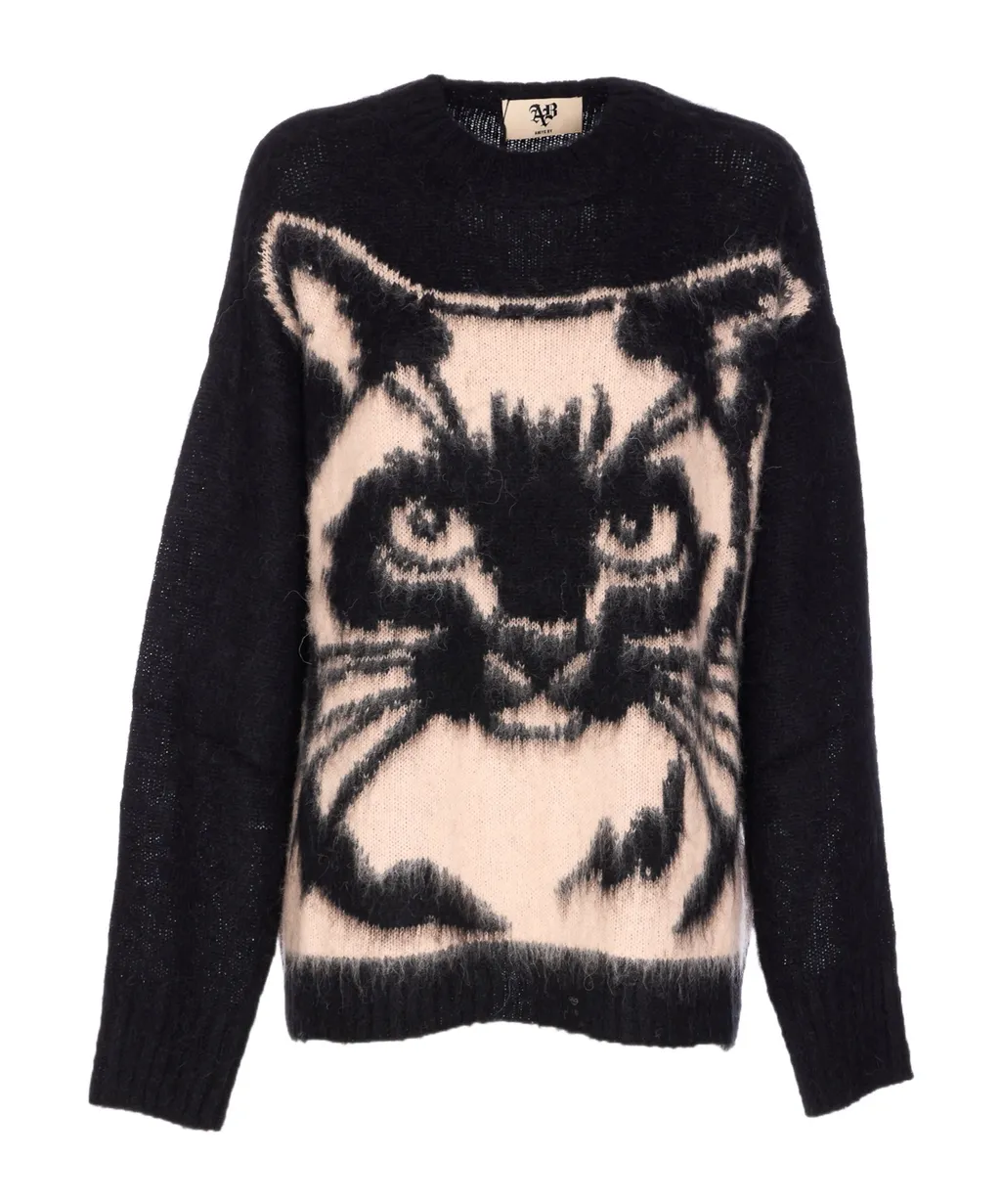 Embroidered Cat Crewneck Sweater