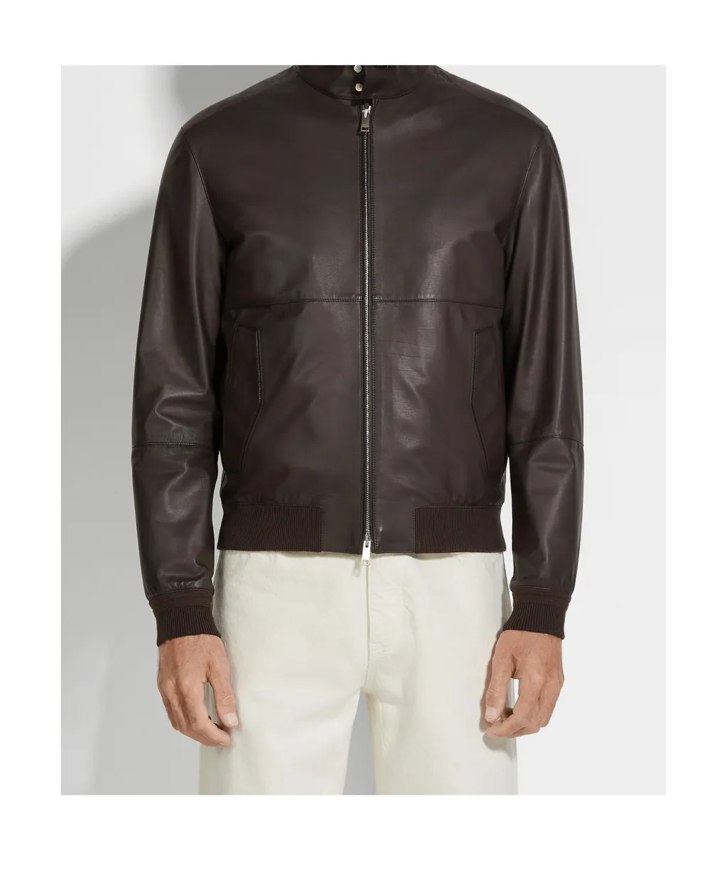 Zip-Up Leather Bomber Jacket