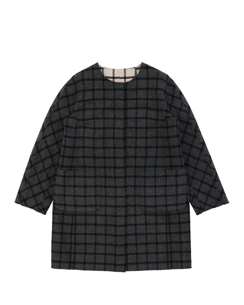Round-Necked Plaid Coat