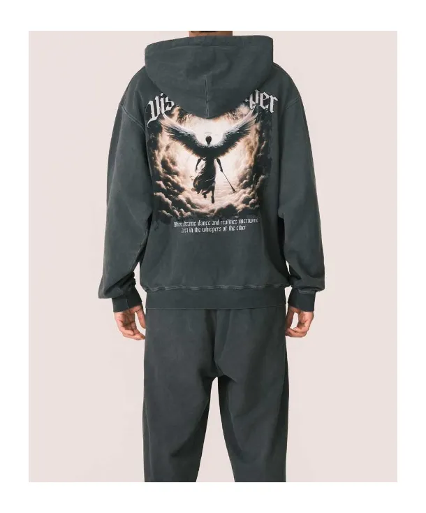 Stone Wash Black Hoodie With Angel Print