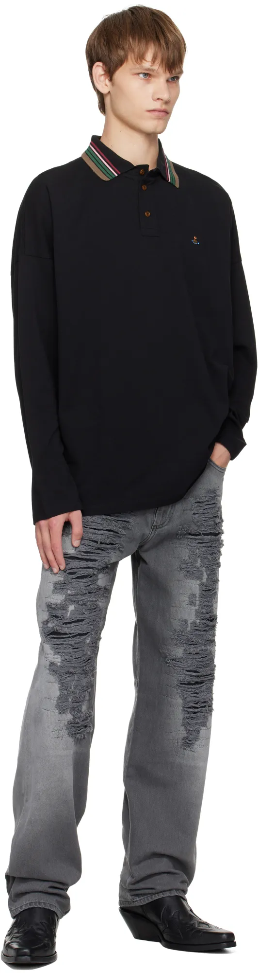Logo Embroidered Long-Sleeved Polo Shirt