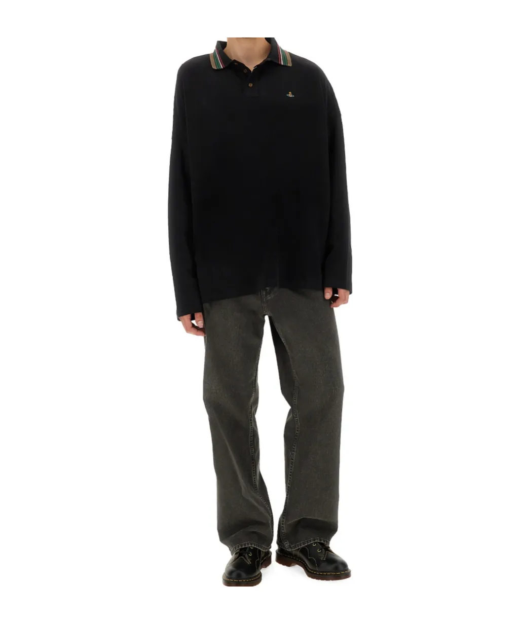 Logo Embroidered Long-Sleeved Polo Shirt