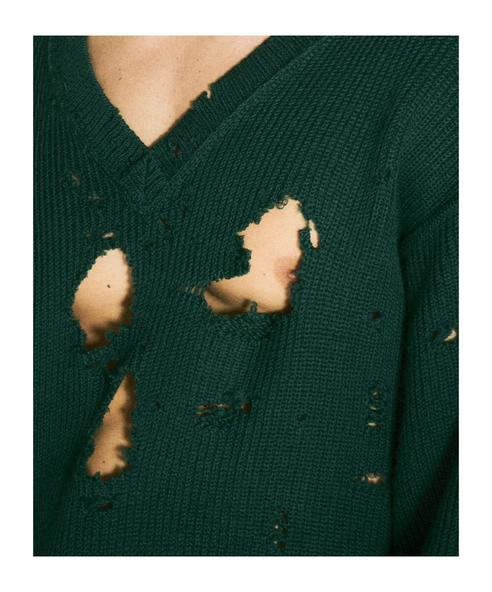 Distressed-Effect V-Neck Sweater