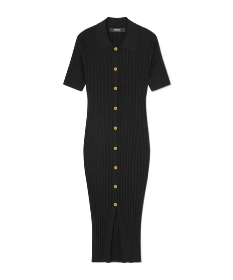 Short-Sleeved Knitted Midi Shirt Dress