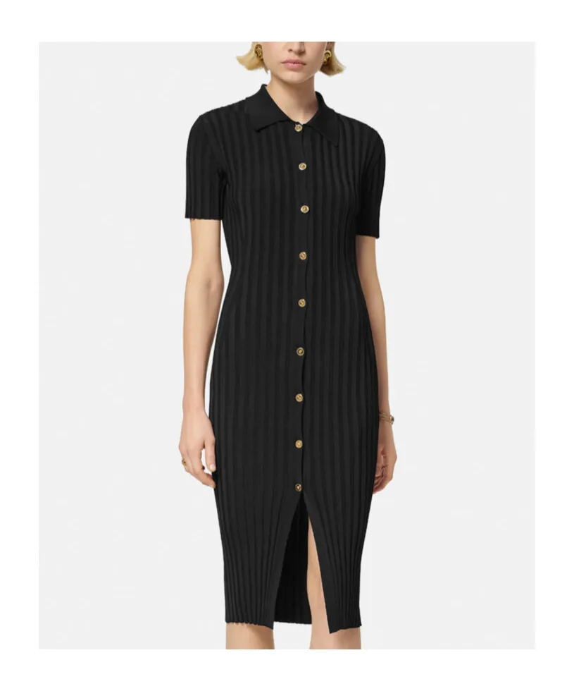 Short-Sleeved Knitted Midi Shirt Dress