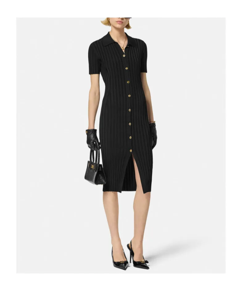 Short-Sleeved Knitted Midi Shirt Dress