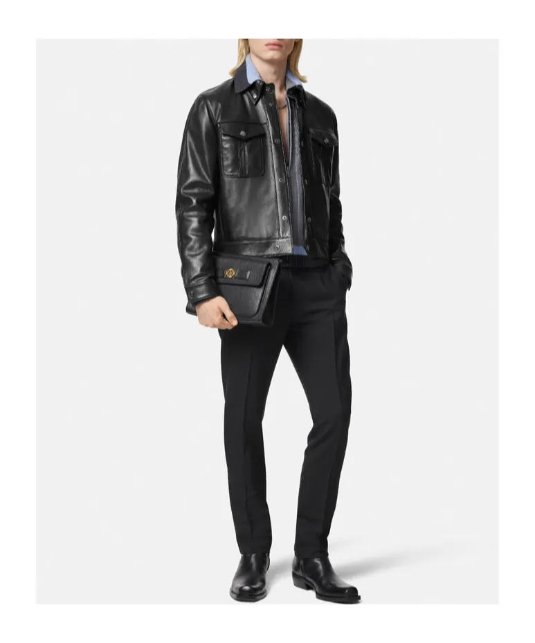 Logo Engraved Buttoned Leather Jacket