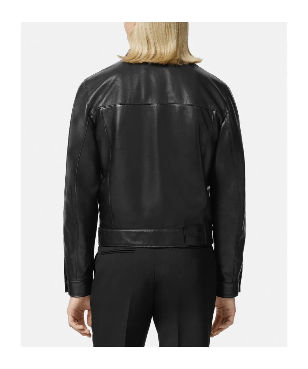 Logo Engraved Buttoned Leather Jacket