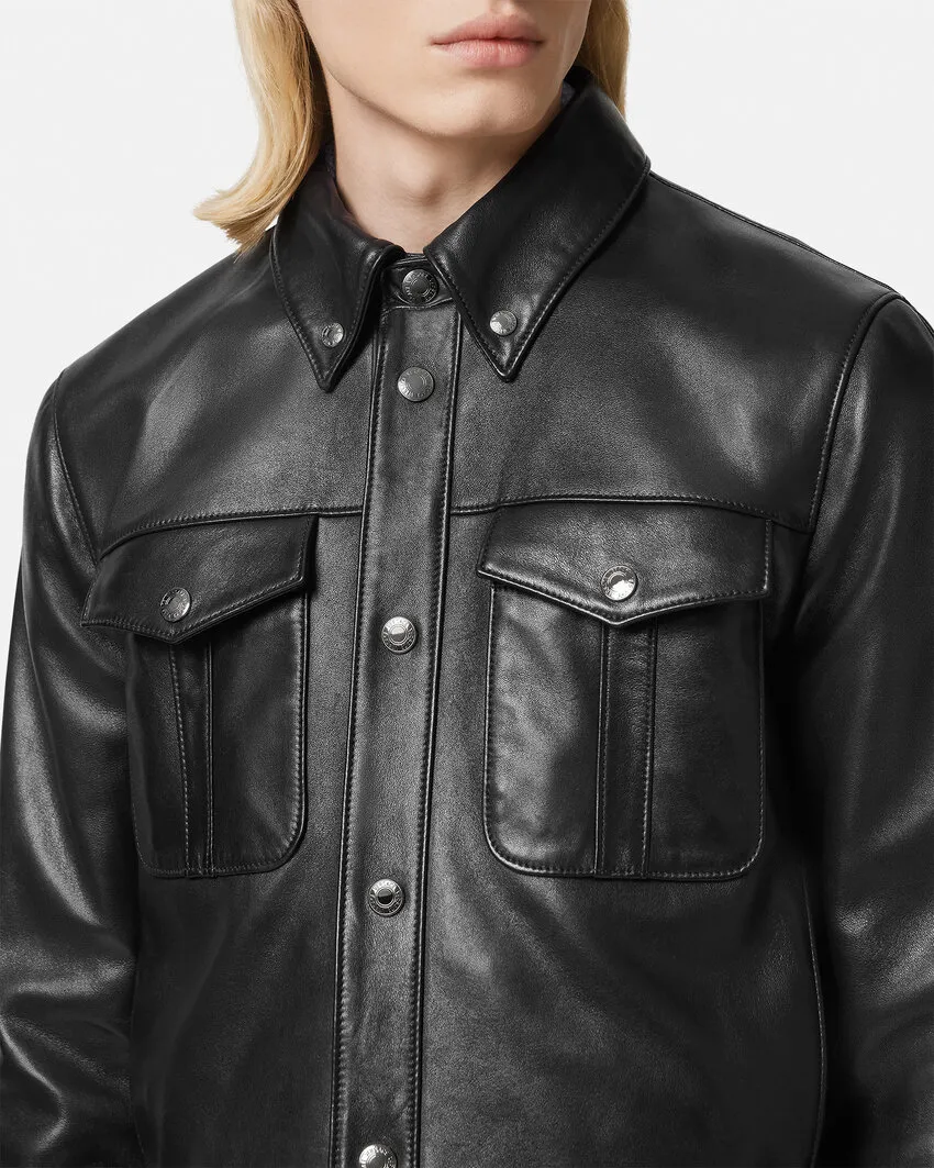 Logo Engraved Buttoned Leather Jacket