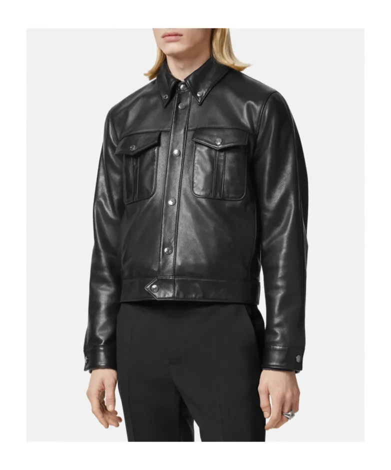 Logo Engraved Buttoned Leather Jacket