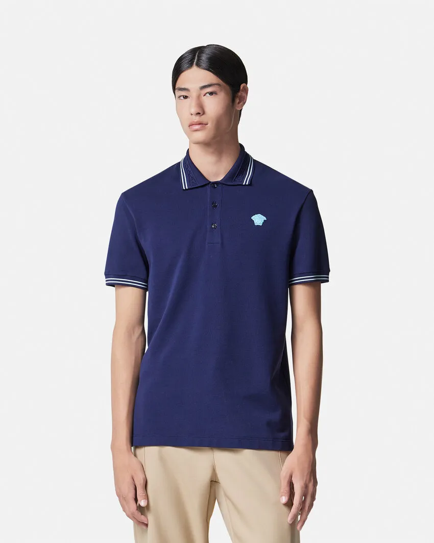 Medusa-Embroidered Short-Sleeved Polo Shirt